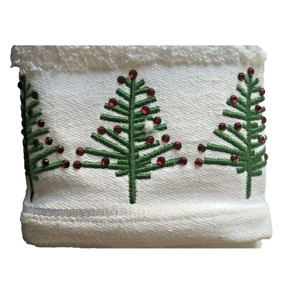 Christmas Tree Rhinestone Fingertip Towels Embellished Embroidered Set of 2